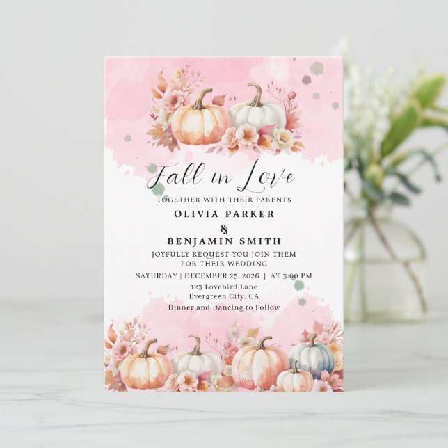 Watercolor Floral Autumn Pink Pumpkin Fall Wedding Invitation (Standing Front)