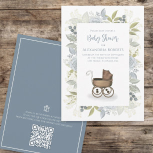 Watercolor Floral Baby Blue QR Code Gift Registry Invitation