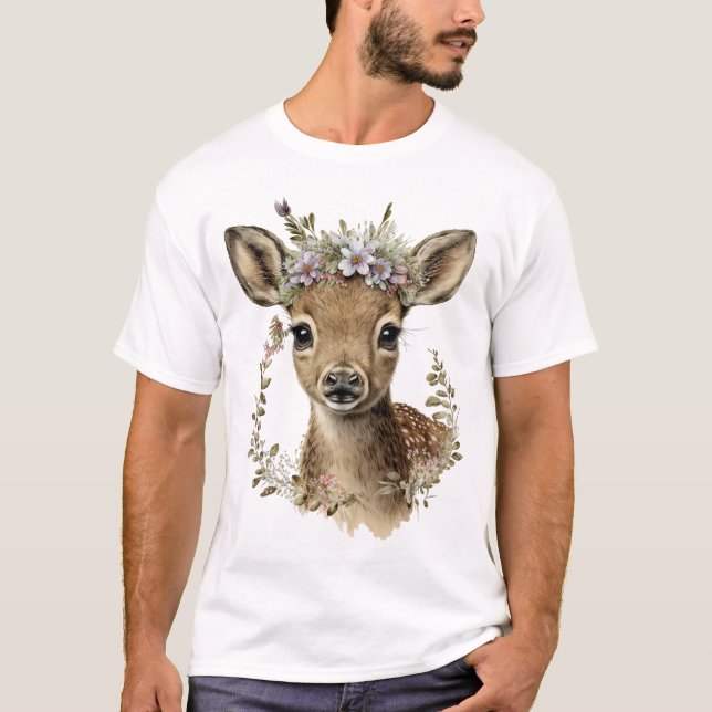 Watercolor Floral Baby Deer Cute T-Shirt (Front)