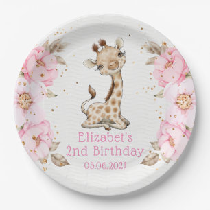 Watercolor Floral Baby Giraffe Peony Birthday Paper Plate