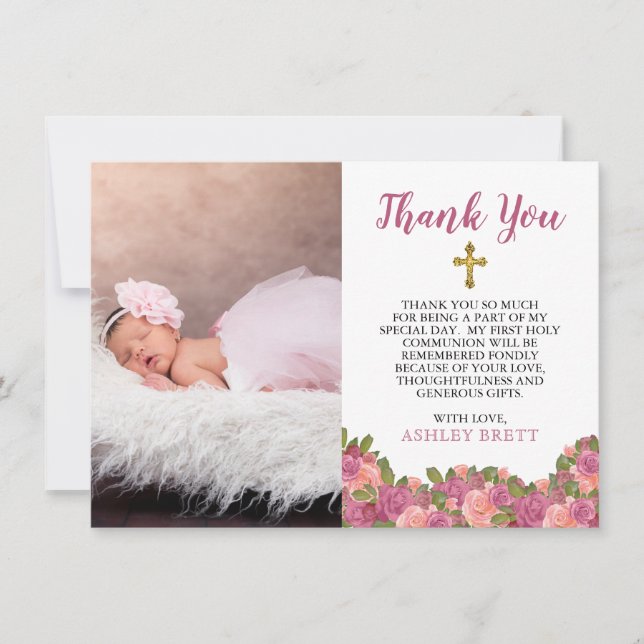 Watercolor Floral Baby Girl Baptism Thank You Card (Front)