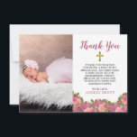 Watercolor Floral Baby Girl Baptism Thank You Card<br><div class="desc">Sweetly modern girl Baptism photo "Thank You" design featuring varying shaded florals from blush pink to mauve watercolor coloured botanicals on a white background. This floral design by Holiday Hearts Designs (rights reserved) is ready for you to personalise with your sweet little one's Communion thank you details. On back is...</div>