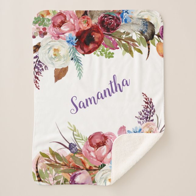 Watercolor Floral Baby Girl Name Sherpa Blanket (Front)