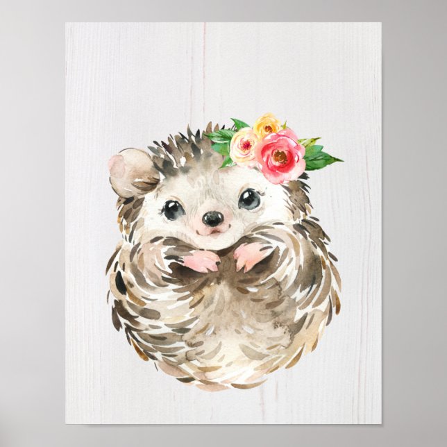 Watercolor Floral Baby Hedgehog, Woodland Animals Poster (Front)