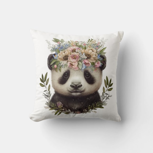 Watercolor Floral Baby Panda Cute Cushion (Front)