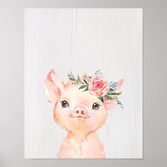Watercolor Floral Baby Pig Poster (Front)