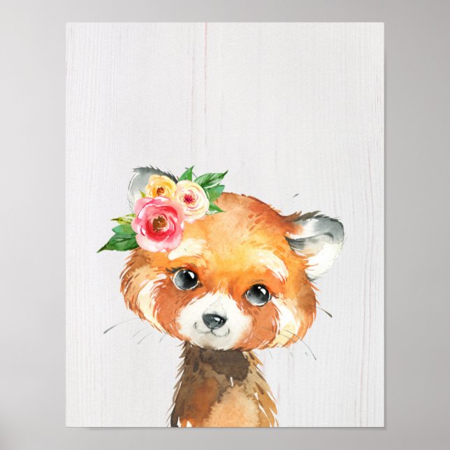 Watercolor Floral Baby Red Panda Animals Poster (Front)
