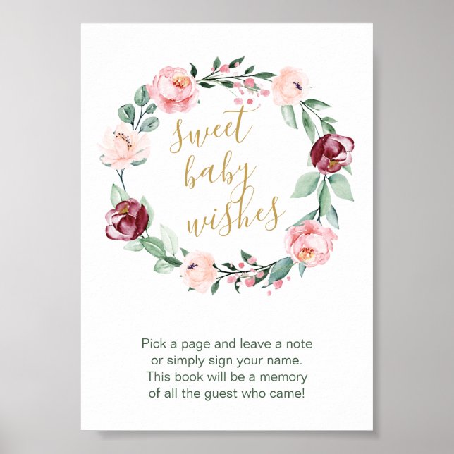 Watercolor Floral Baby shower Guest Book Sign (Front)