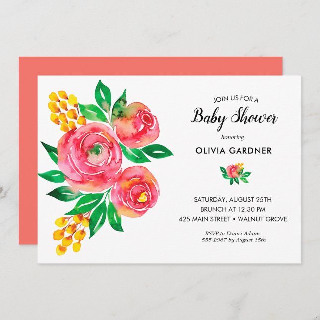 Watercolor Floral Baby Shower Invitation (Front/Back)