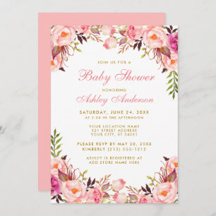 Watercolor Floral Baby Shower Pink and Gold Invitation