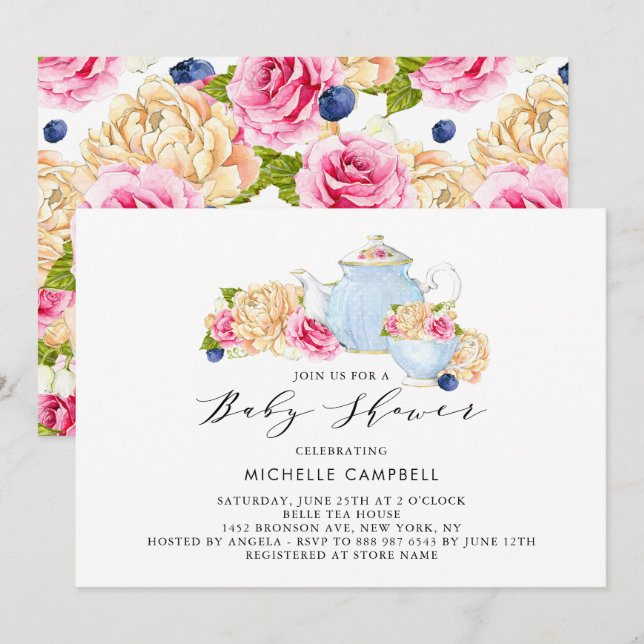 Watercolor Floral Baby Shower Tea Party Invitation (Front/Back)