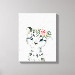 Watercolor Floral Baby Snow Leopard Canvas Print