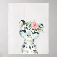 Watercolor Floral Baby Snow Leopard