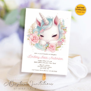 Watercolor Floral Baby Unicorn Girl Baptism Invitation