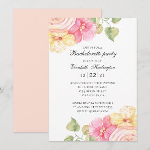 Watercolor floral bachelorette party. Pink flowers Invitation
