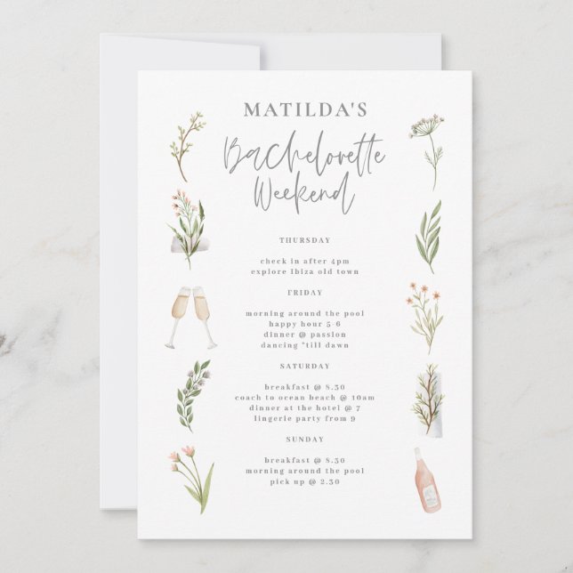 Watercolor floral bachelorette weekend itinerary (Front)