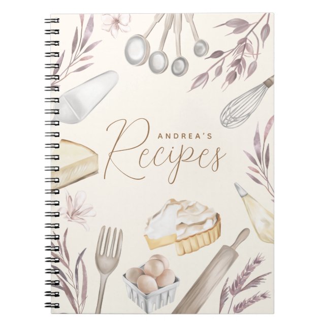 Watercolor Floral Bakery Kitchen Supplies Recipe Notebook (Front)