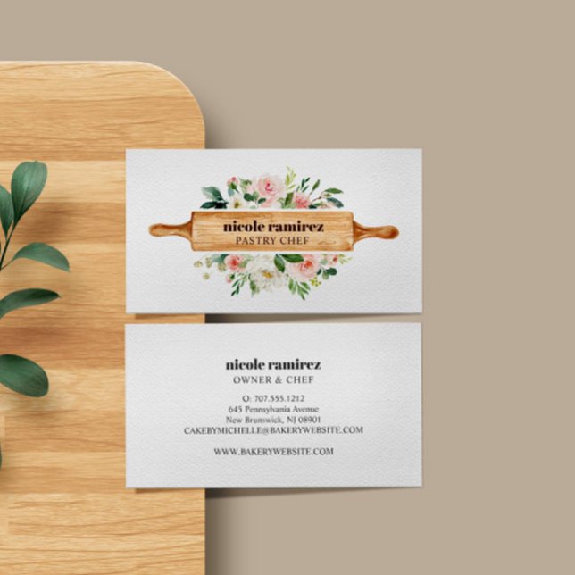Watercolor Floral Bakery Rolling Pin Patisserie Business Card (BAKERY PASTRY OR CAKE BUSINESS BUSINESS CARD WITH ROLLING PIN AND FLOWERS)