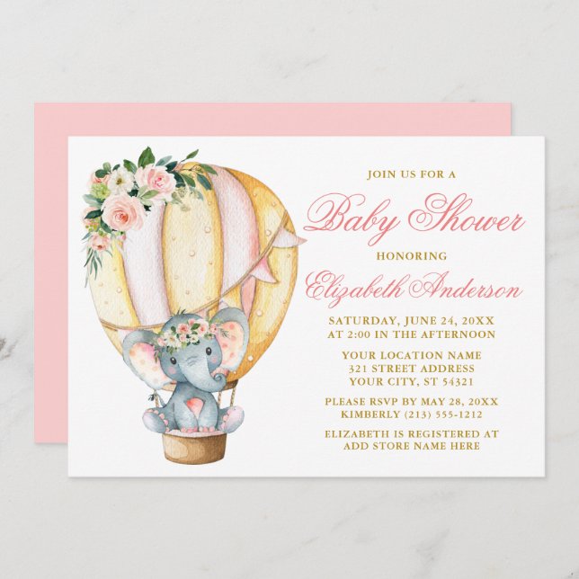 Watercolor Floral Balloon Elephant Baby Shower Invitation (Front/Back)