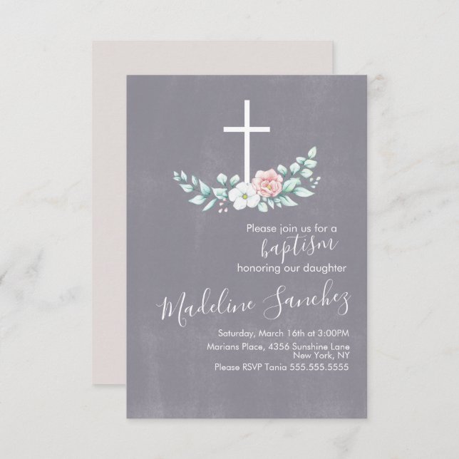 Watercolor Floral Baptism Cross Baby Dedication Invitation (Front/Back)