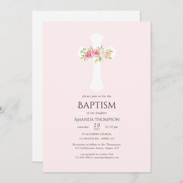 Watercolor Floral Baptism or Christening Invitation (Front/Back)
