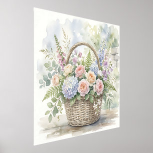 Watercolor Floral Basket with Roses and Hydrangeas Foil Prints