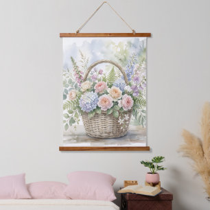 Watercolor Floral Basket with Roses and Hydrangeas Hanging Tapestry