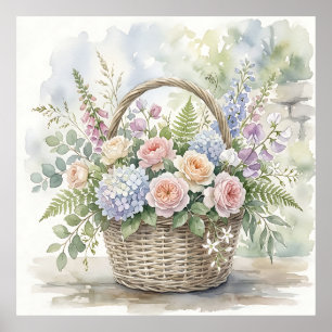 Watercolor Floral Basket with Roses and Hydrangeas Poster