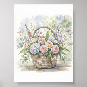 Watercolor Floral Basket with Roses and Hydrangeas Poster