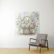 Watercolor Floral Basket with Roses and Hydrangeas