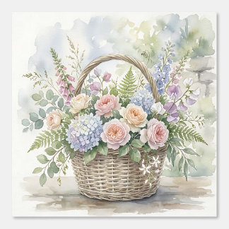 Watercolor Floral Basket with Roses and Hydrangeas Wallpaper
