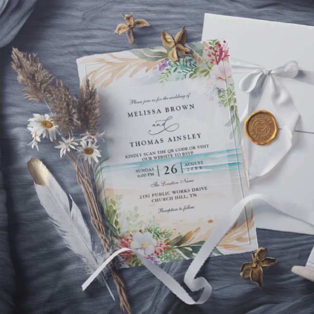 Watercolor Floral Beach Elegant QR Code Wedding Invitation (Creator Uploaded)