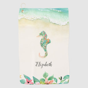 Watercolor Floral Beach Seahorse Personalised Golf Towel