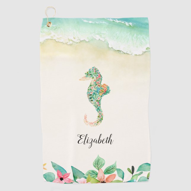 Watercolor Floral Beach Seahorse Personalised Golf Towel (Front)