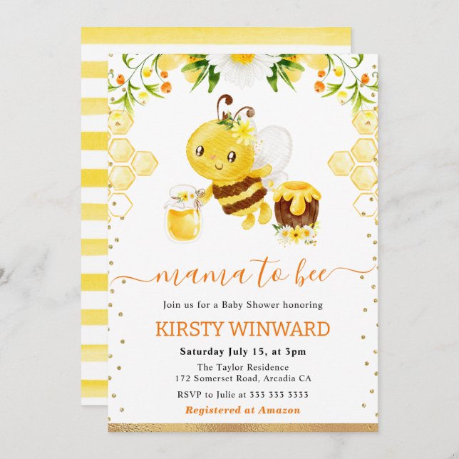 Watercolor Floral Bee Baby Shower Invitation (Front/Back)
