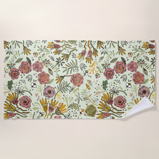 Watercolor Floral Bee Flowers Elegant Modern Beach Towel (Front)
