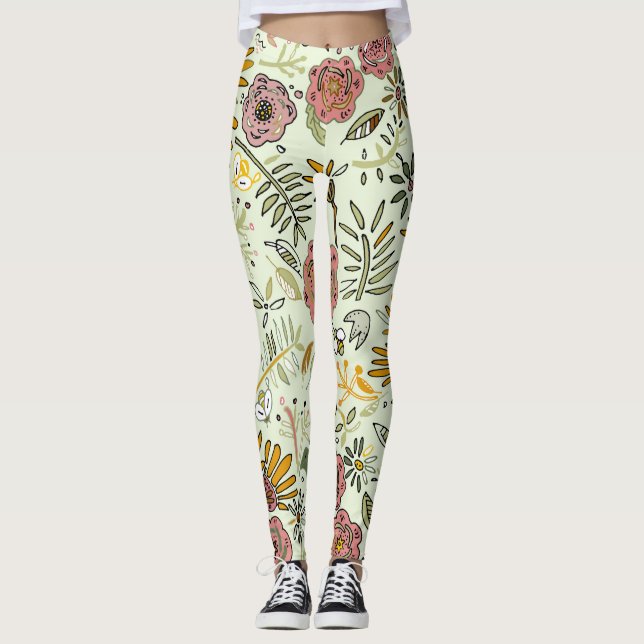 Watercolor Floral Bee Flowers Elegant Modern Leggings (Front)