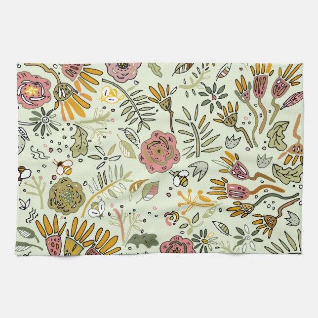 Watercolor Floral Bee Flowers Elegant Modern Tea Towel (Horizontal)