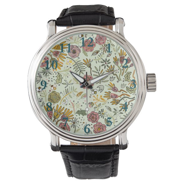 Watercolor Floral Bee Flowers Elegant Modern Watch (Front)
