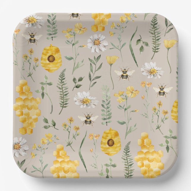 Watercolor Floral Bee Paper Plates (Front)
