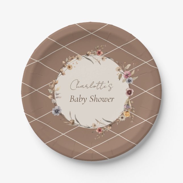 Watercolor Floral Beige Baby Shower Paper Plate (Front)