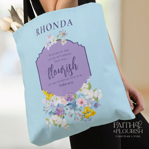 Watercolor Floral Bible Verse Blue Personalised Tote Bag