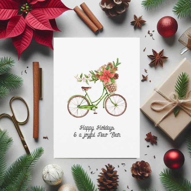 Watercolor Floral Bicycle Christmas Family Photo Holiday Card (Watercolor Floral Bicycle Christmas Family Photo Holiday Card)