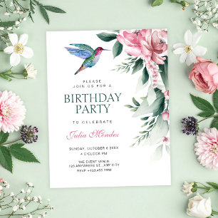 Watercolor floral bird birthday invitation