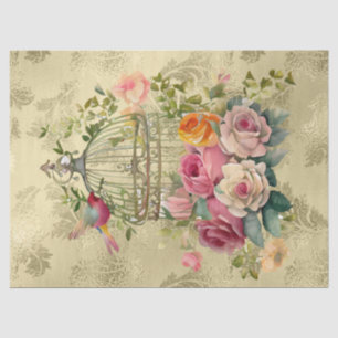 Watercolor Floral Bird Cage Gold Decoupage  Tissue Paper