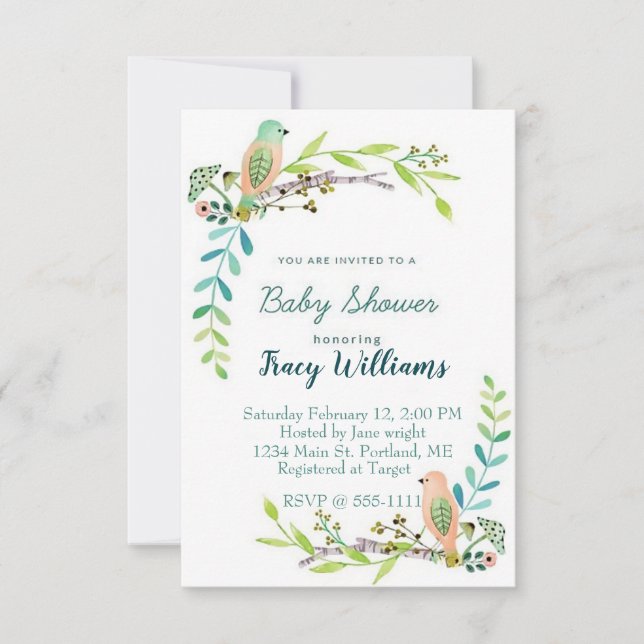 Watercolor floral birds invitation (Front)
