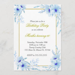 Watercolor Floral Birthday Invitation Blue Gold