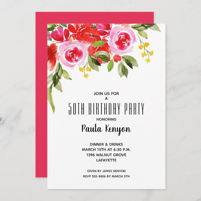 Watercolor Floral Birthday Party Invitation (Front/Back)