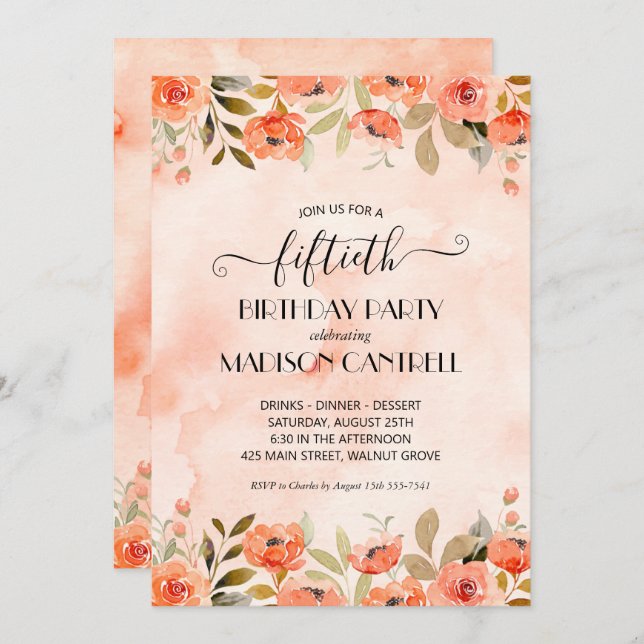 Watercolor Floral Birthday Party Invitation (Front/Back)
