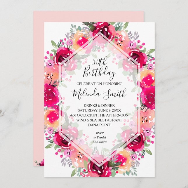 Watercolor Floral Birthday Party Invitations (Front/Back)